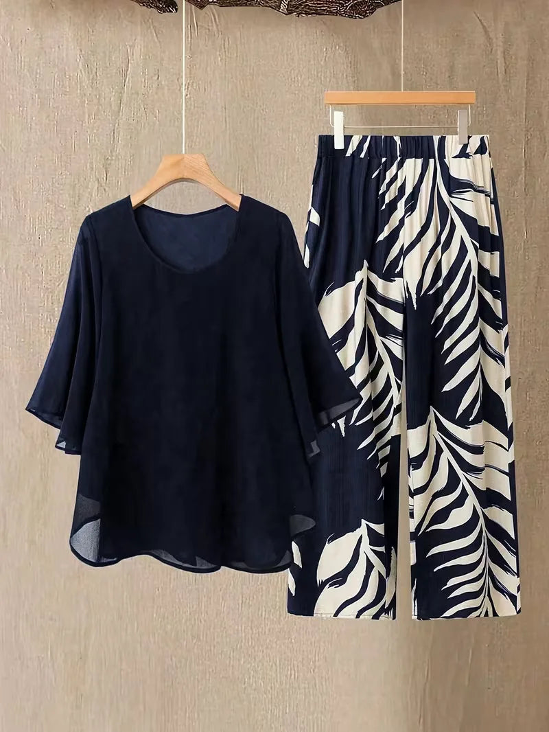 Women's Chiffon Overlay Top & Tropical Leaf Print Wide Leg Pants 2 Piece Set | Elegant Summer Resort Outfit Bazaare Mart 2 pc. Pants Outfit