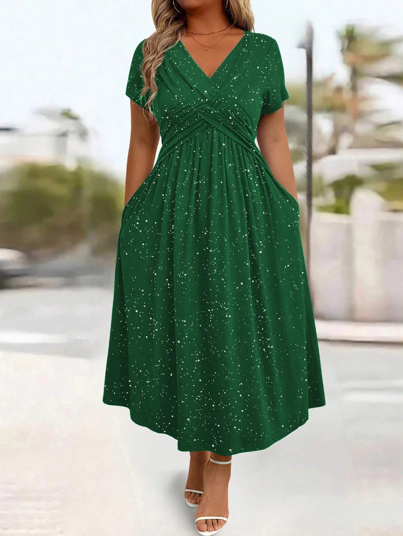 Ladies' elegant plus size powder sprinkled shiny twisted knot with pockets V-neck dress SHI4027 1 Bazaare Mart