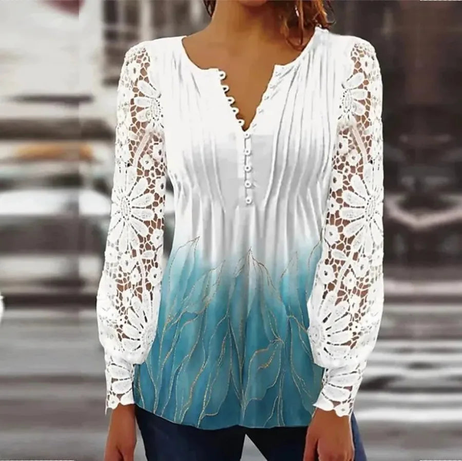 Women's Floral Print Blouse with Lace Sleeves – Elegant Casual Button Front Shirt, Sizes S-5X Blue Bazaare Mart Lace Blouse