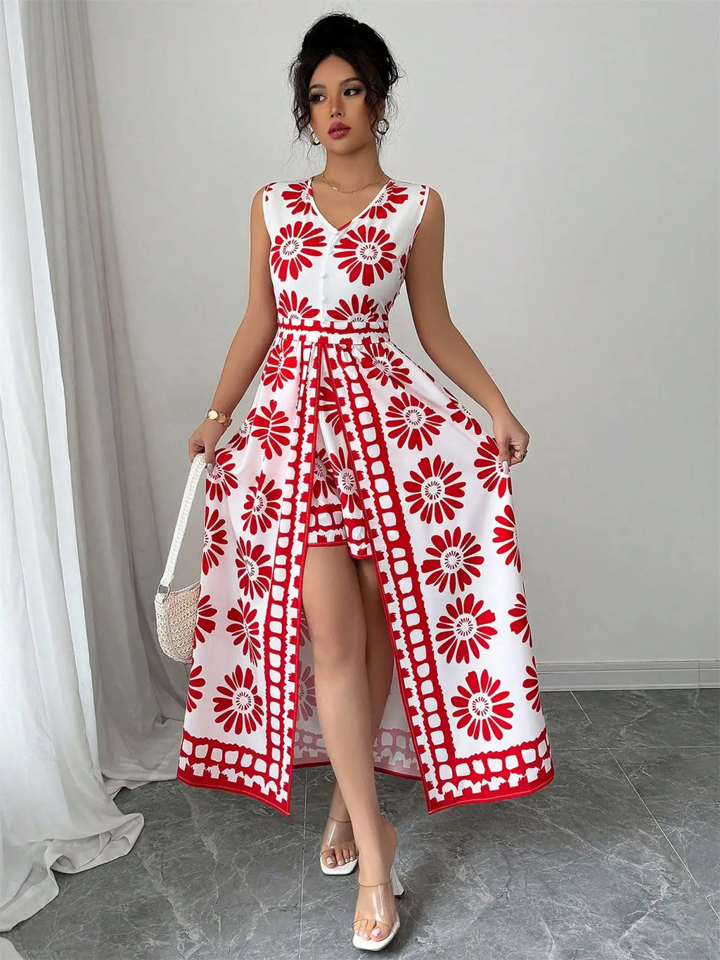 Boho Daisy Print 2-in-1 Jumpsuit – Sleeveless Maxi Overlay Vacation Romper