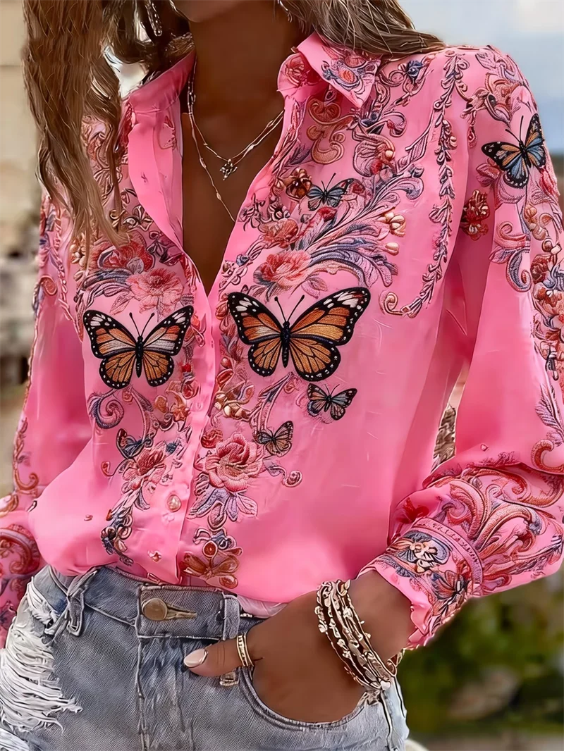 Women’s 3D Floral Print Button-Up Shirt – Long Sleeve Branch Pattern Collared Blouse AO721 Bazaare Mart Blouses