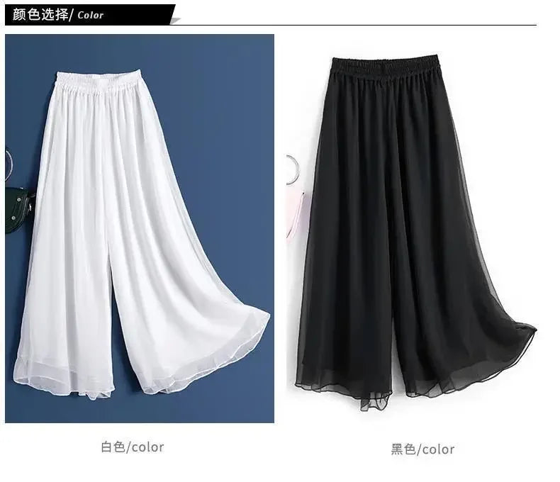 New Summer White Drape Chiffon Wide-Leg Pants Casual Chiffon Trousers Pants Women Clothing Loose High Waist Slim Skirt bd67 Bazaare Mart