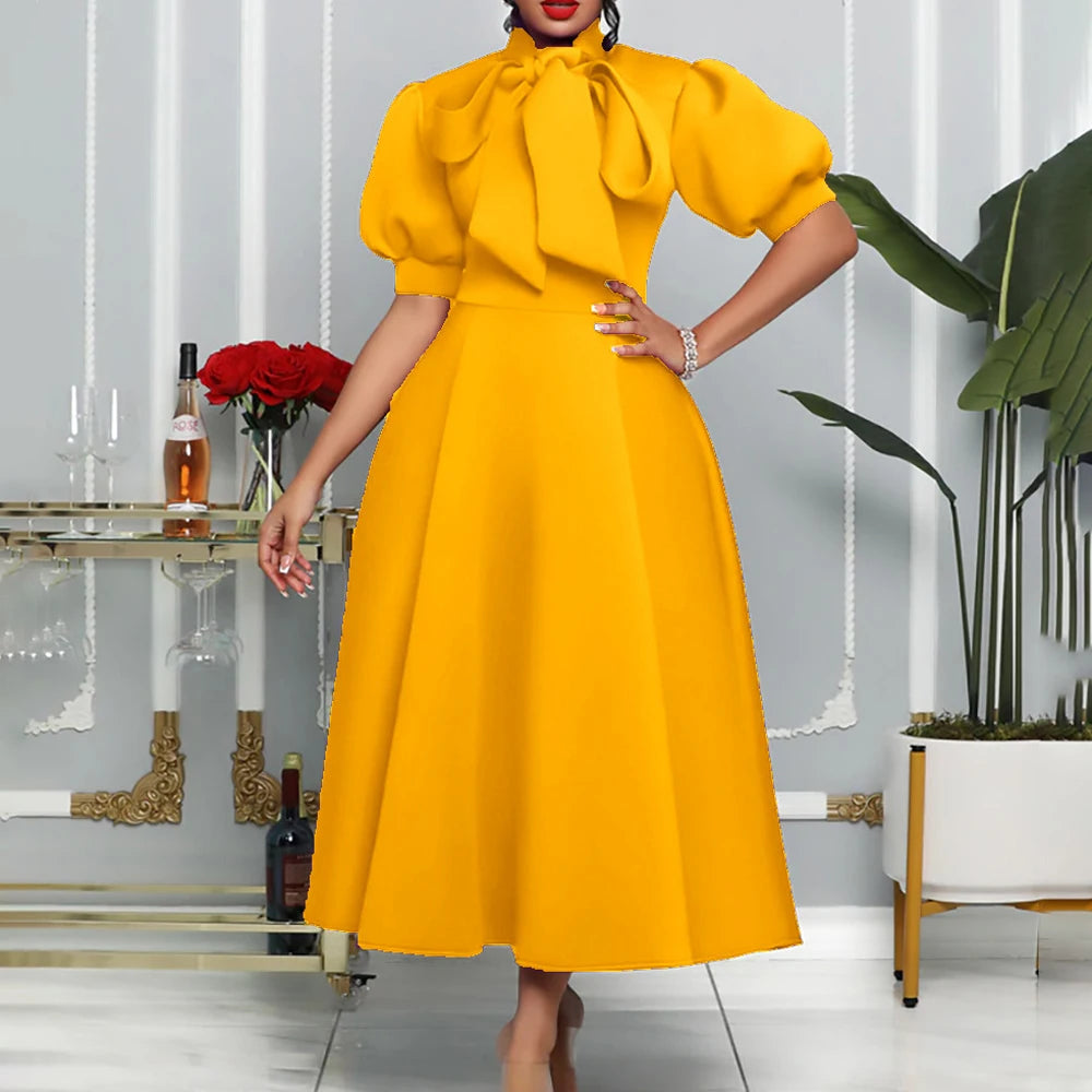 Elegant Solid Color Bow Short Puff Sleeve Full Skirt Midi Dress