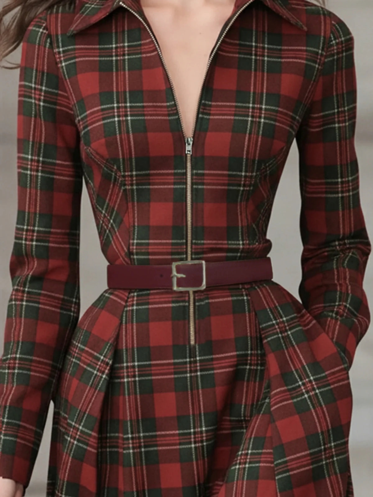 Plaid Print Collared Zip-Front Maxi Dress