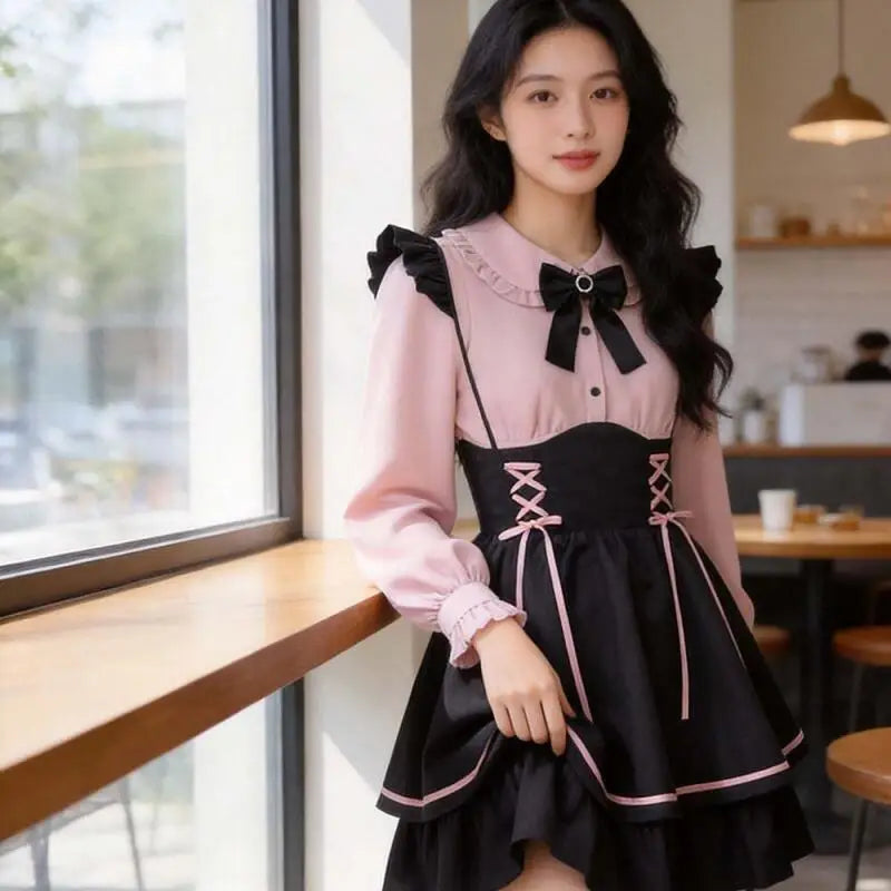 Jirai Kei 2 PCS Lolita Dress Set Pink Black Bow Ruffle Blouse Lace-up Skirt Japanese Japanese Harajuku Sweet Outfits for Women Bazaare Mart