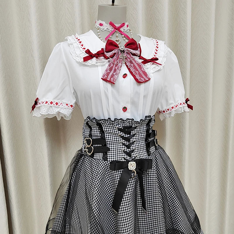 Women's Kawaii Lolita Blouse – Japanese-Inspired Peter Pan Collar Shirt with Lace & Bow Details Bazaare Mart Blouse