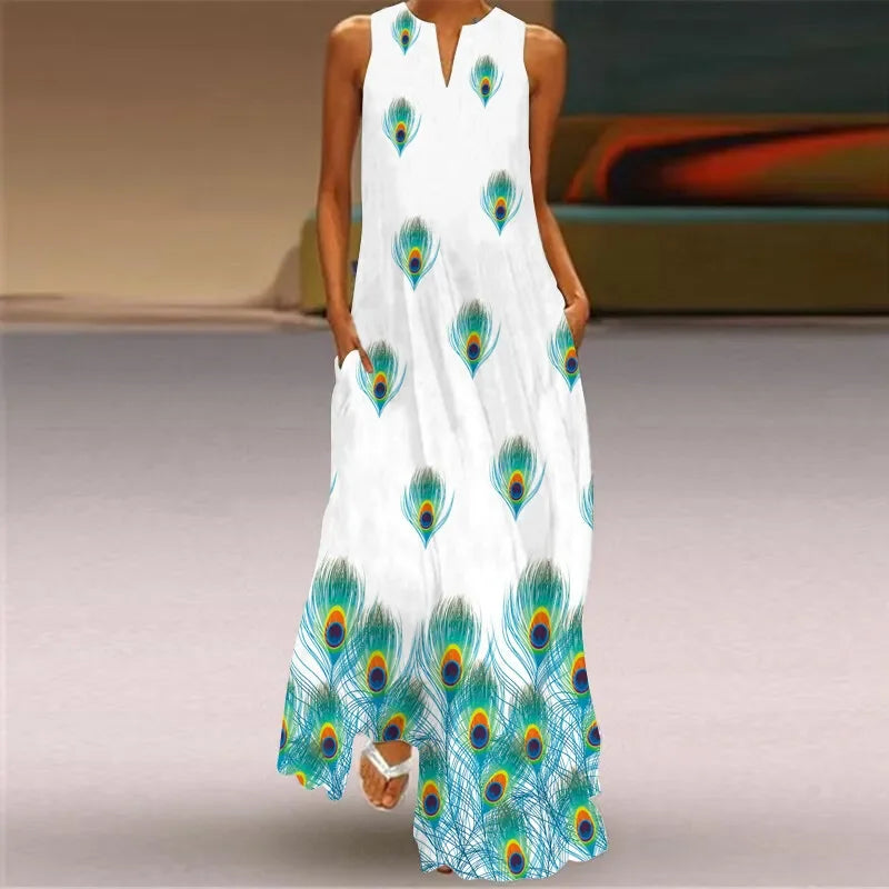 Women's Sleeveless Floral Maxi Dress with Pockets – Casual V-Neck Summer Beach Dress Peacock China Mainland Bazaare Mart Floral Maxi Dresses