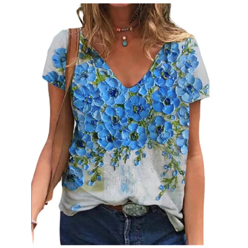 Women's Floral 3D Print V-Neck T-Shirt