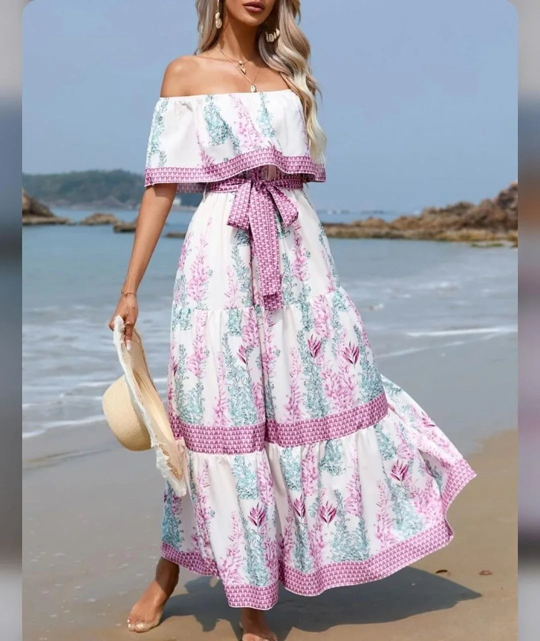 Off-shoulder Long Ruffled Peasant Dress