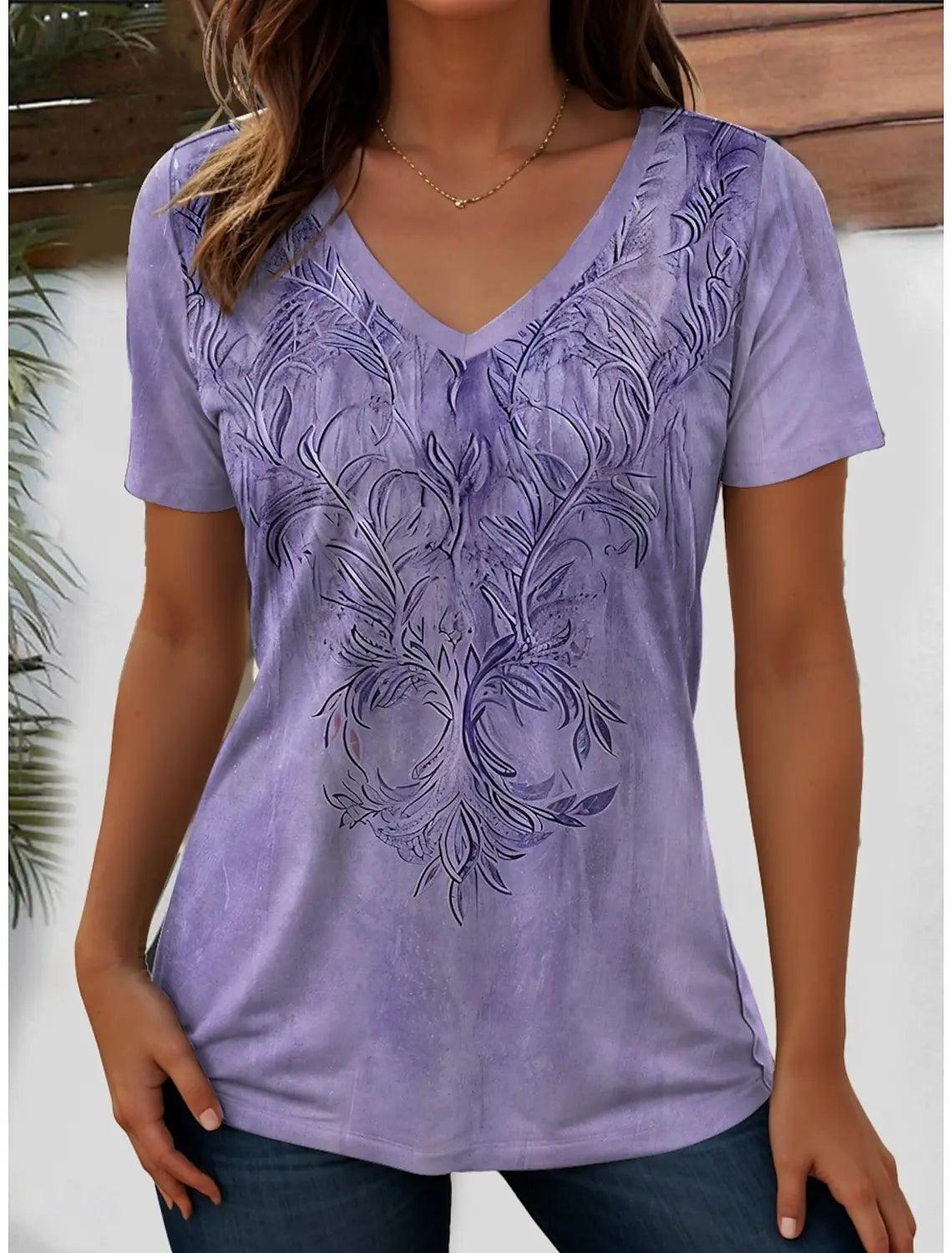 Women's Western Floral V-Neck Graphic Tee | Vintage Boho Short Sleeve T-Shirt VTF66A202623121 Bazaare Mart Printed Tops