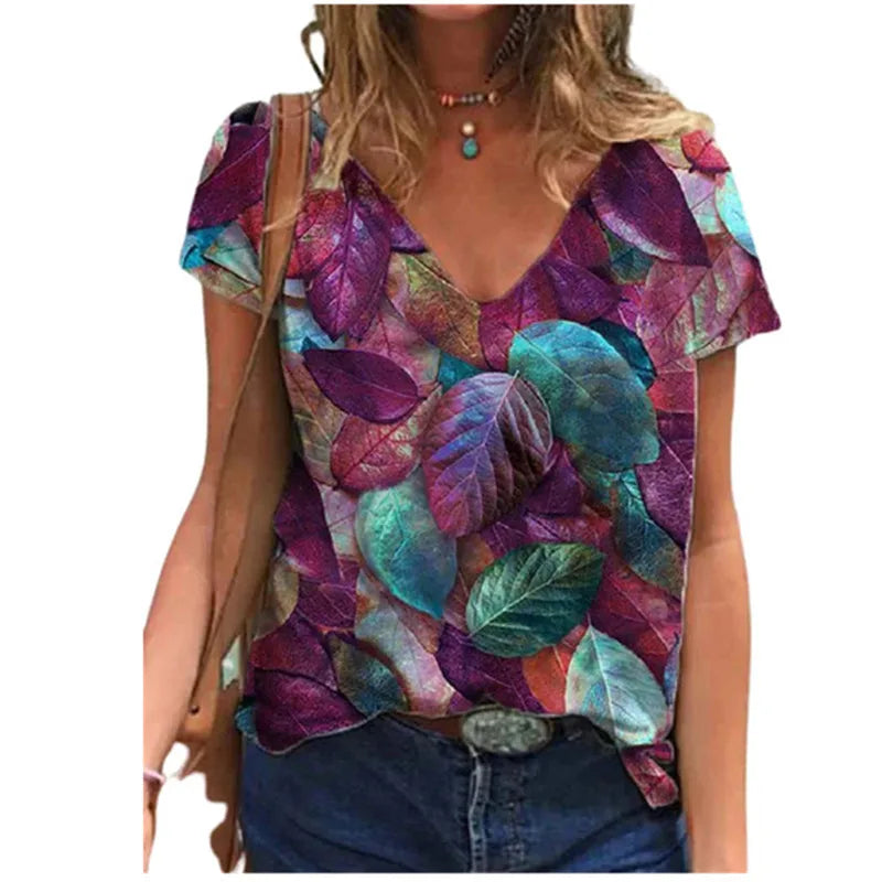 Women's Floral 3D Print V-Neck T-Shirt