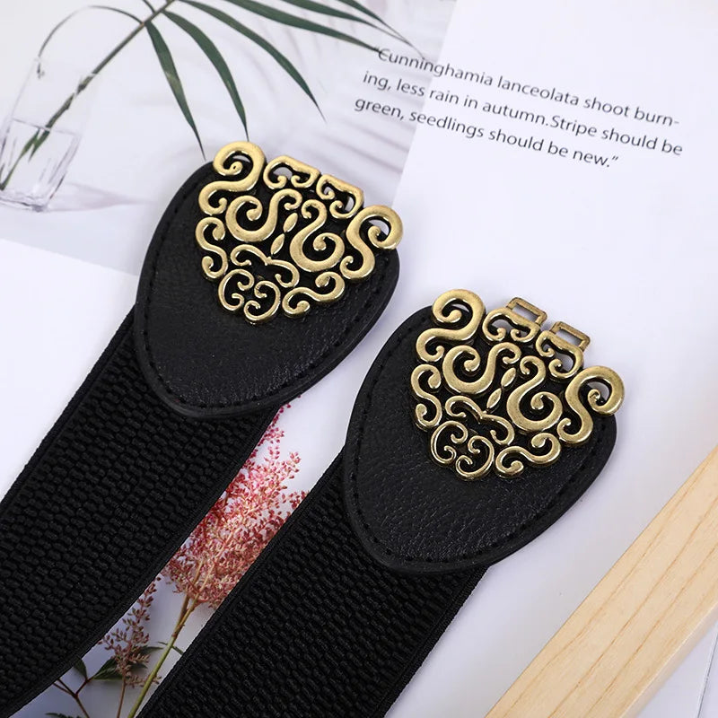 Wide Black Elastic Intricate Buckle Belt Bazaare Mart Wide Black Elastic Intricate Buckle Belt