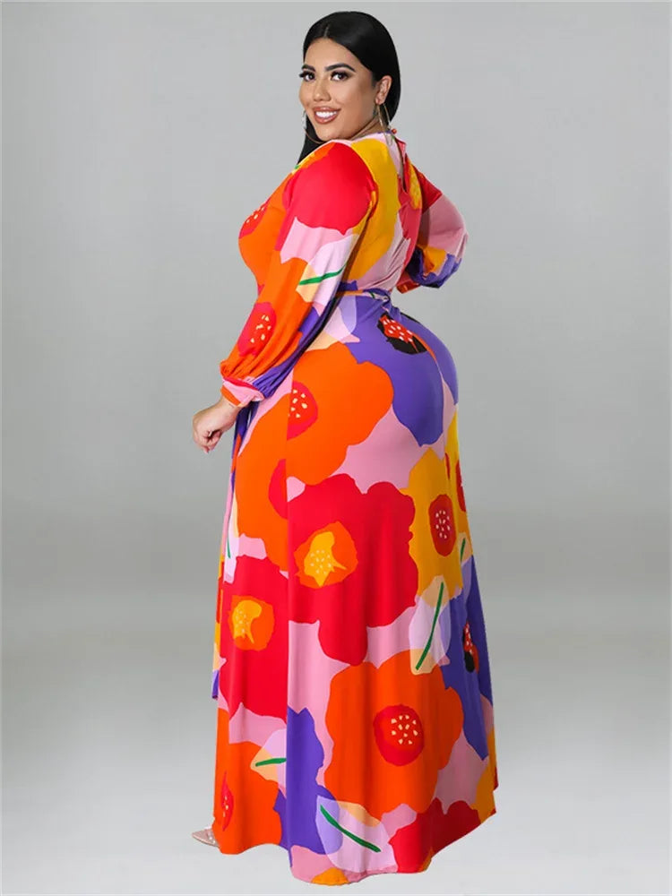 Colorful Long Sleeve Large Print Flower Maxi Dress Bazaare Mart Colorful Long Sleeve Large Print Flower Maxi Dress