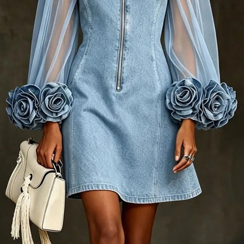 Light Blue Denim Mini Dress – Sheer Mesh Sleeves &amp; 3D Rose Cuffs
