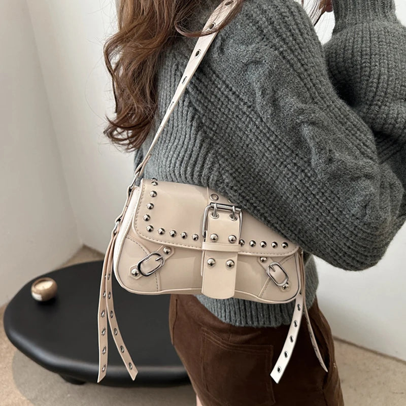 Studded Baguette Shoulder Bag – Faux Leather Punk Rock Shoulder Purse with Buckle & Rivet Details Bazaare Mart Shoulder Purse