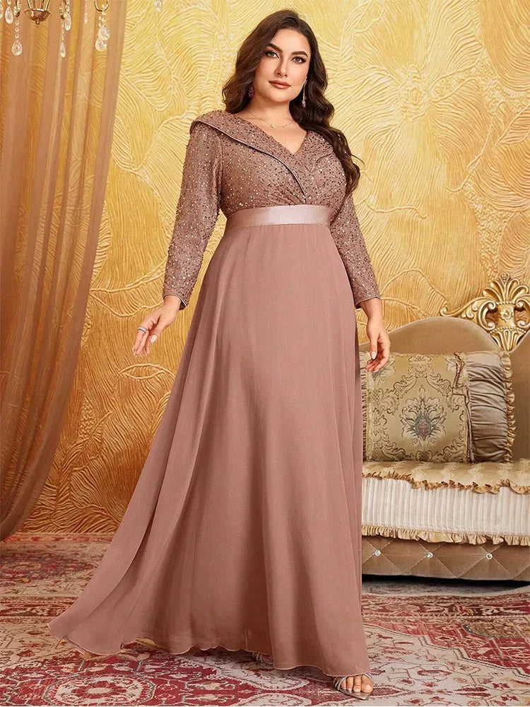 V Neck Sequined Long Sleeve Chiffon Evening Gown Bazaare Mart Long Sleeve Evening Gown