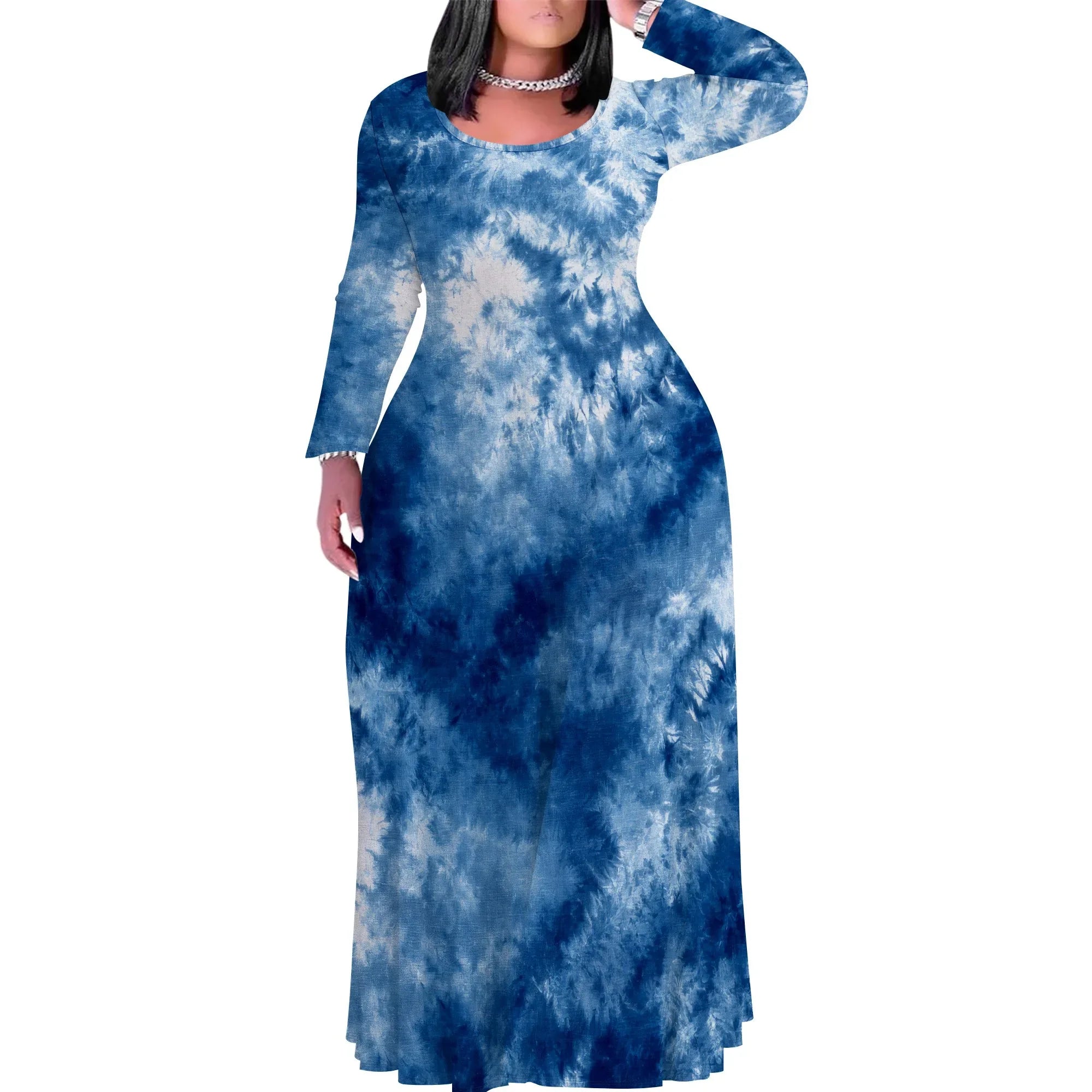 Tie Dye Print Scoop Neck Long Sleeve Maxi Dress Pattern-4 CHINA Bazaare Mart Tie Dye Print Scoop Neck Long Sleeve Maxi Dress