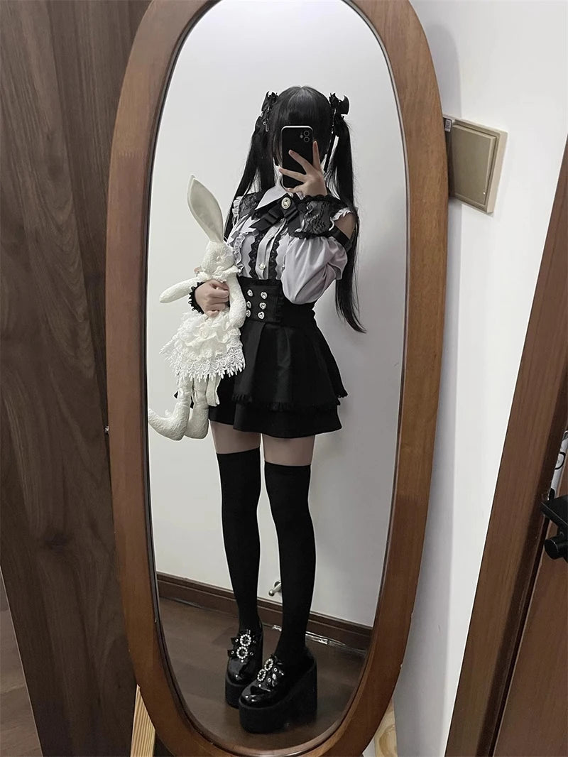Jirai kei Shirt JK Skirt Japanese Style Lolita Y2K Sweet School Uniform Blouse Top Dress Darkness Outfit Women Girls Theme Party Bazaare Mart