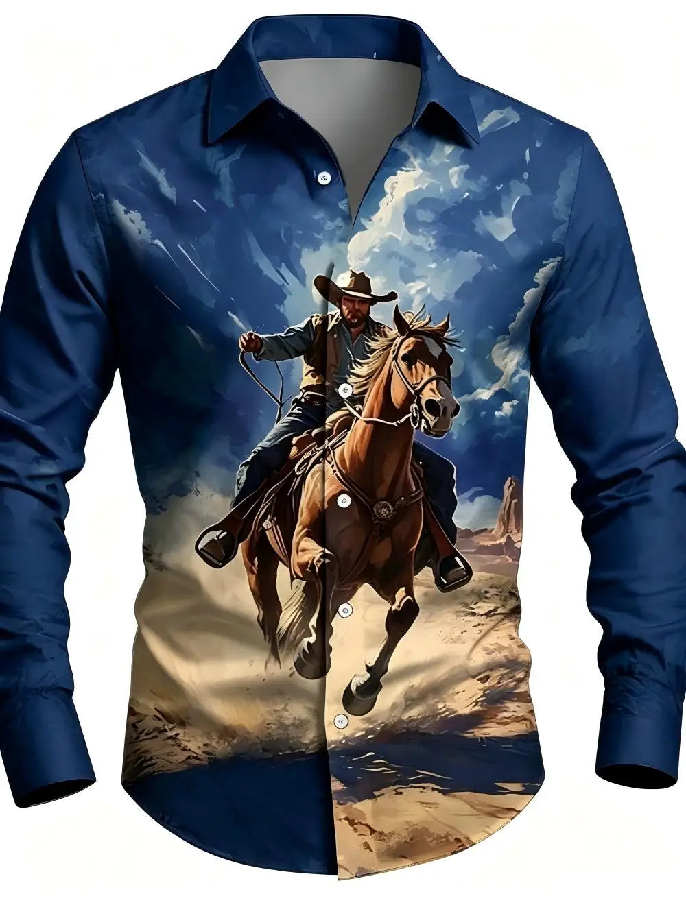 Men's Western Cowboy Riding Shirt – 3D Printed Long Sleeve Button-Up