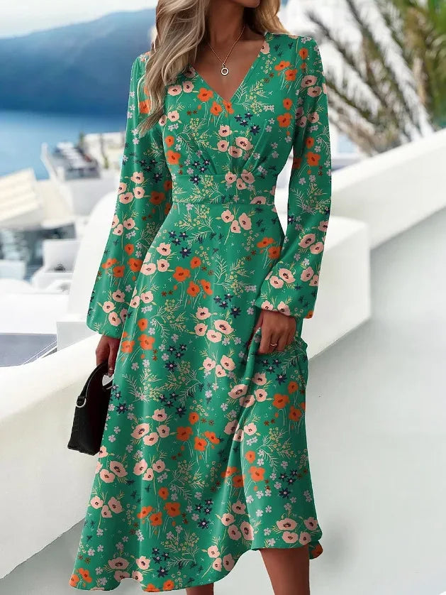 Slim Fit Printed V-neck Long Sleeve Dress Bazaare Mart Long Sleeve Midi Dress