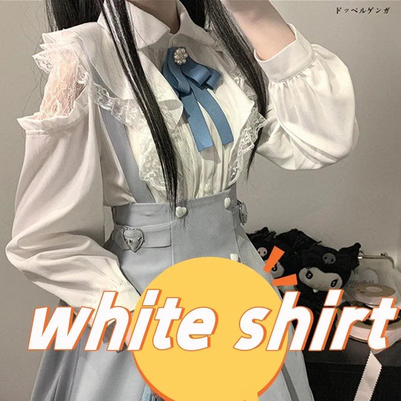 Women's Kawaii Lolita Blouse – Japanese-Inspired Peter Pan Collar Shirt with Lace & Bow Details white shirt Bazaare Mart Blouse