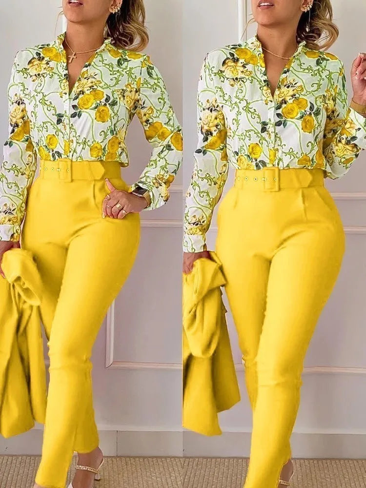 Print Long Sleeve Shirt Matching Pants Sets With Belt