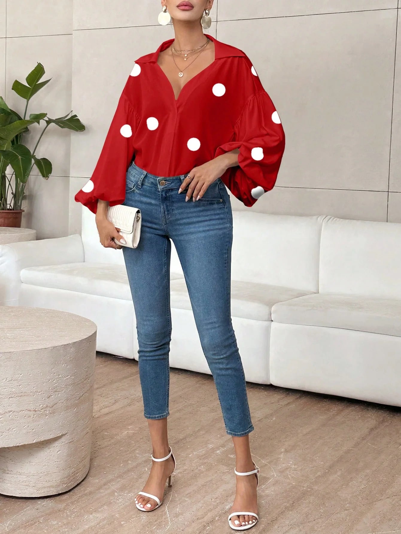 Boho Women's Blouses Spring Fall New Fashion French Polka Dot Half-neck Design Loose Puff Long-sleeve Top Casual Shirts Women Bazaare Mart