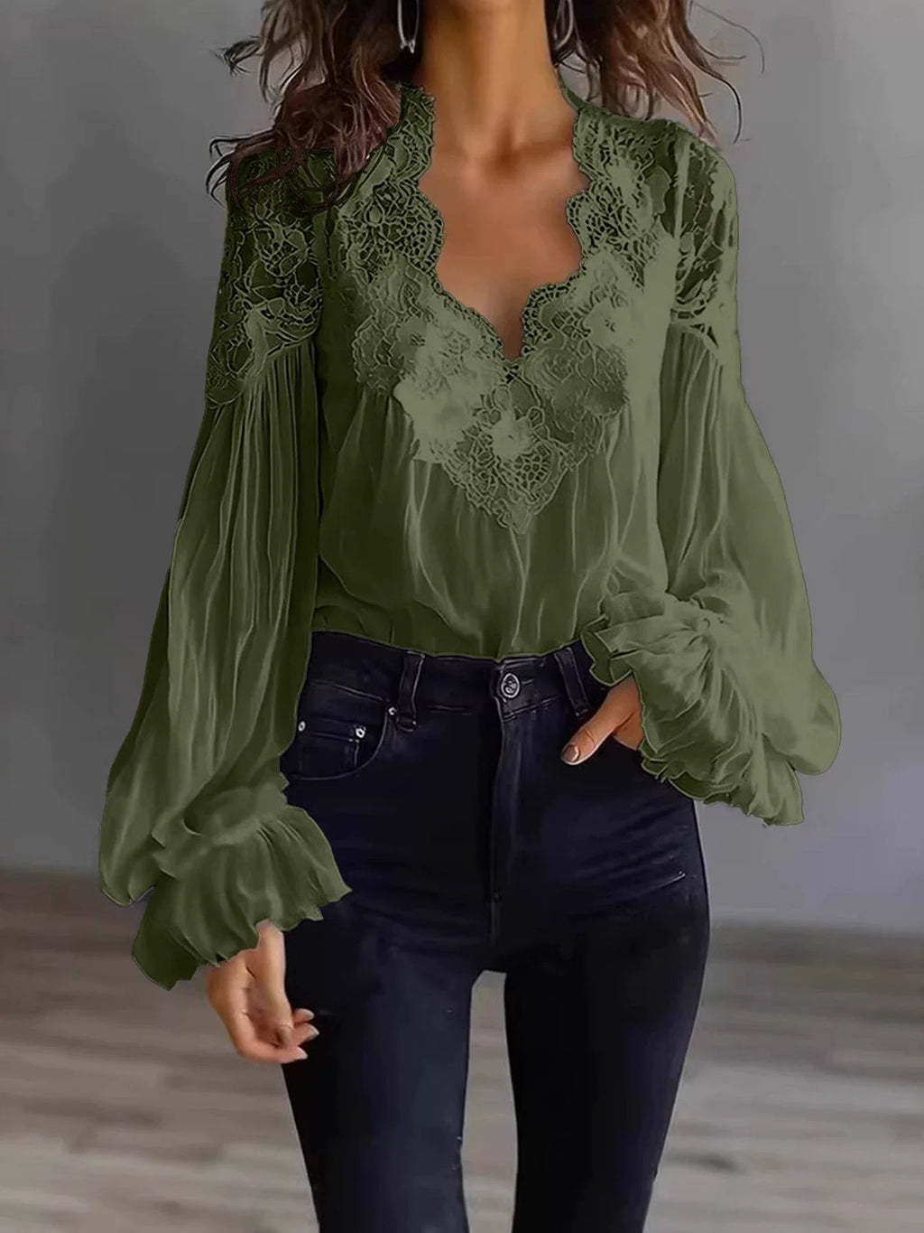 Lace-Trim V-Neck Chiffon Blouse with Long Puff Sleeves
