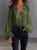 Lace-Trim V-Neck Chiffon Blouse with Long Puff Sleeves