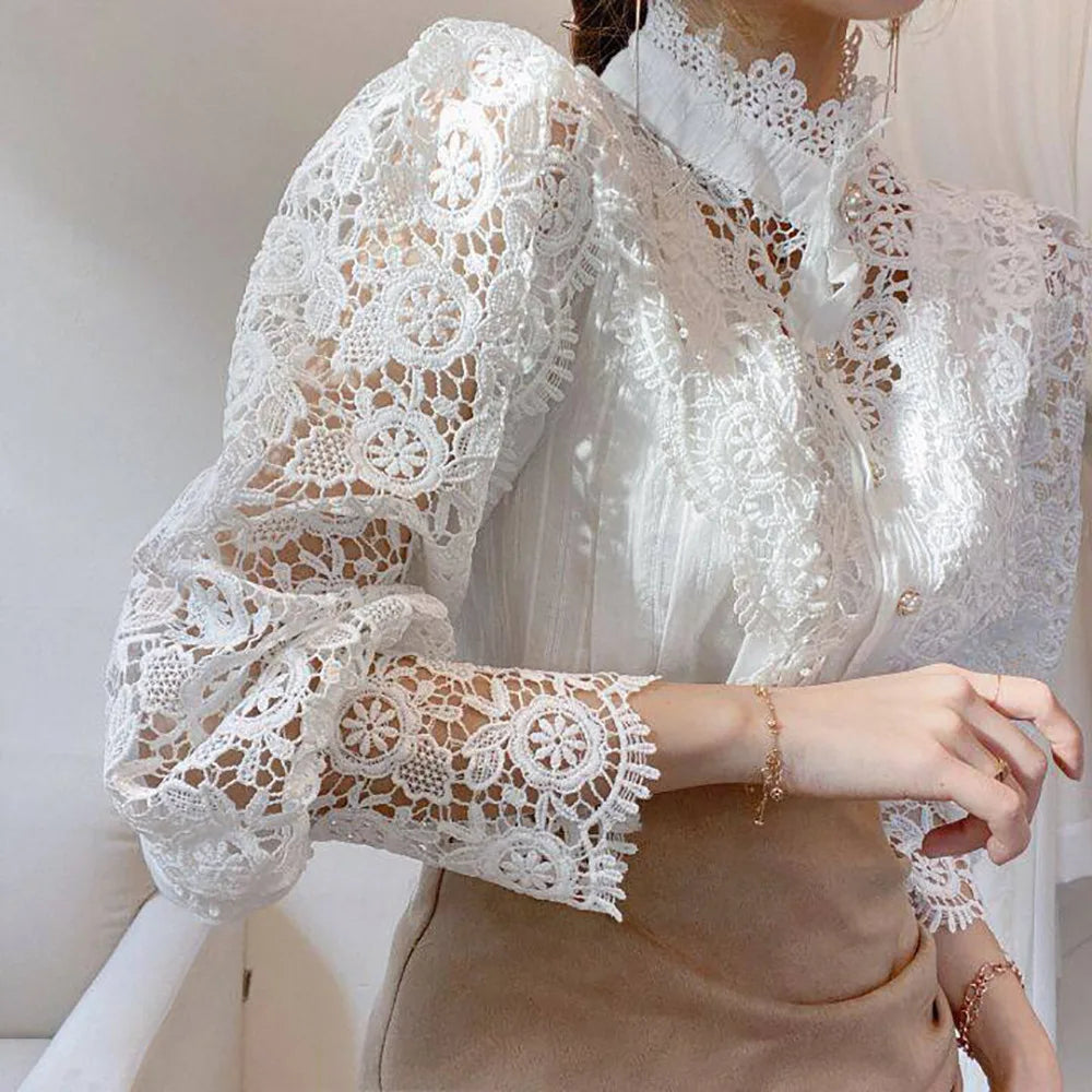 Vintage Lace Long Sleeve Pearl Button Blouse