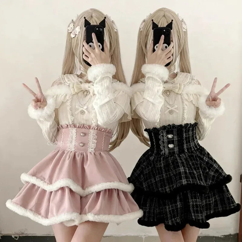 Jirai Kei Layered Skirt Outfit Lolita Y2K Pink Lace Pearl Long Sleeve Top Women Sweet Kawaii High Waist Japanese Style Xmas Set Bazaare Mart
