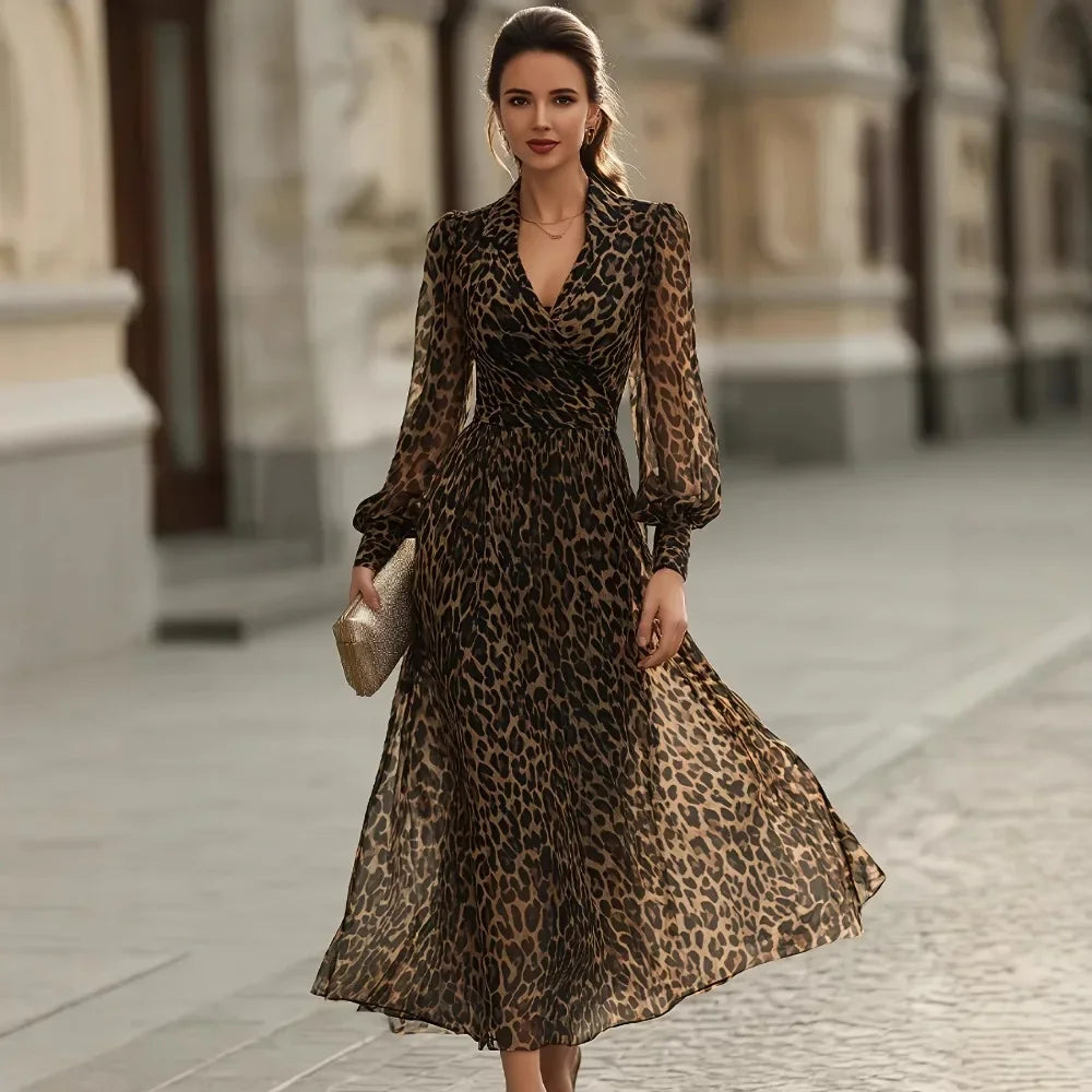 Sheer Leopard Print Elegant Flowy Long Sleeve V-Neck Dress