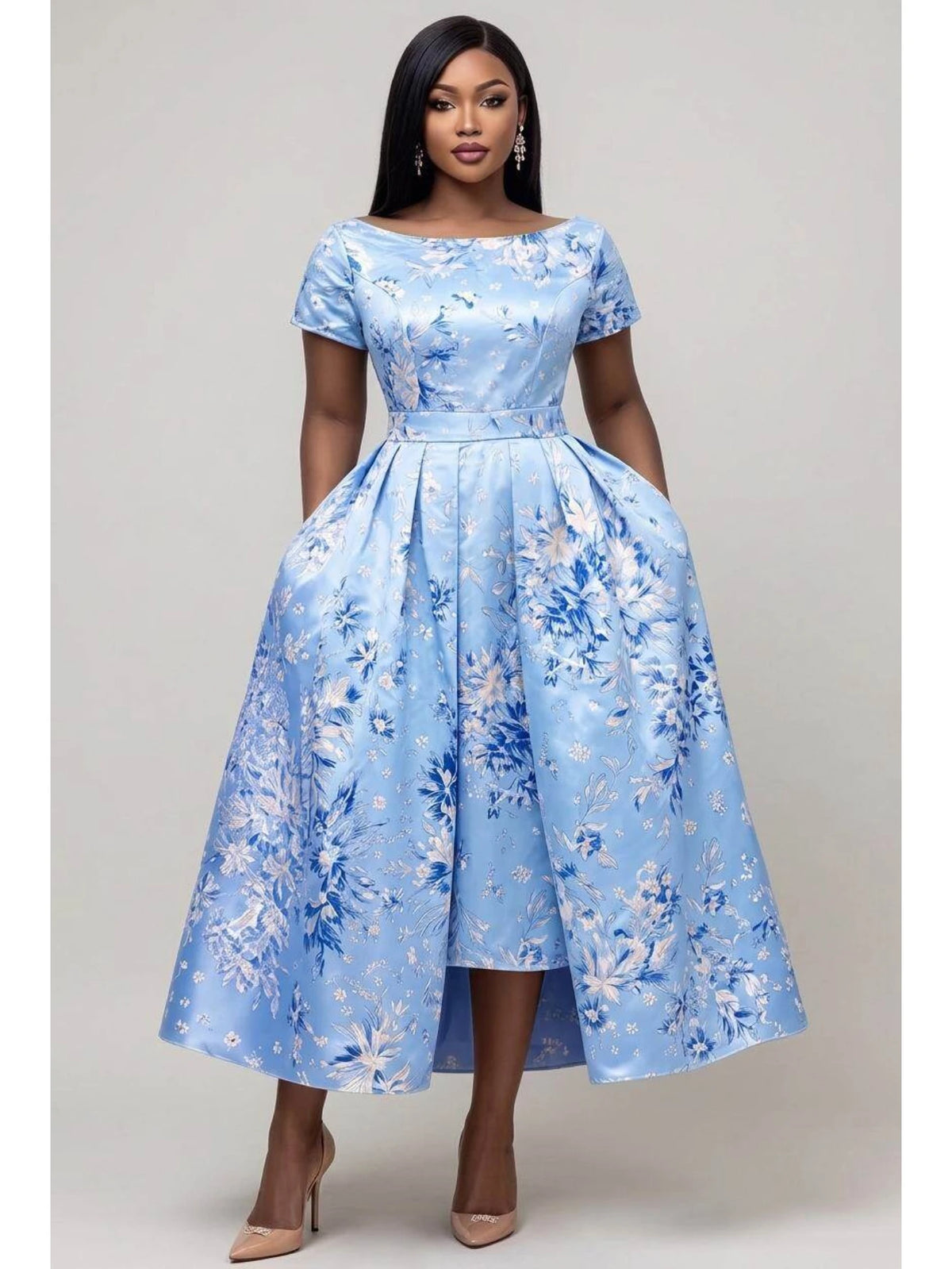 Blue Floral Fit-and-Flare Midi Dress