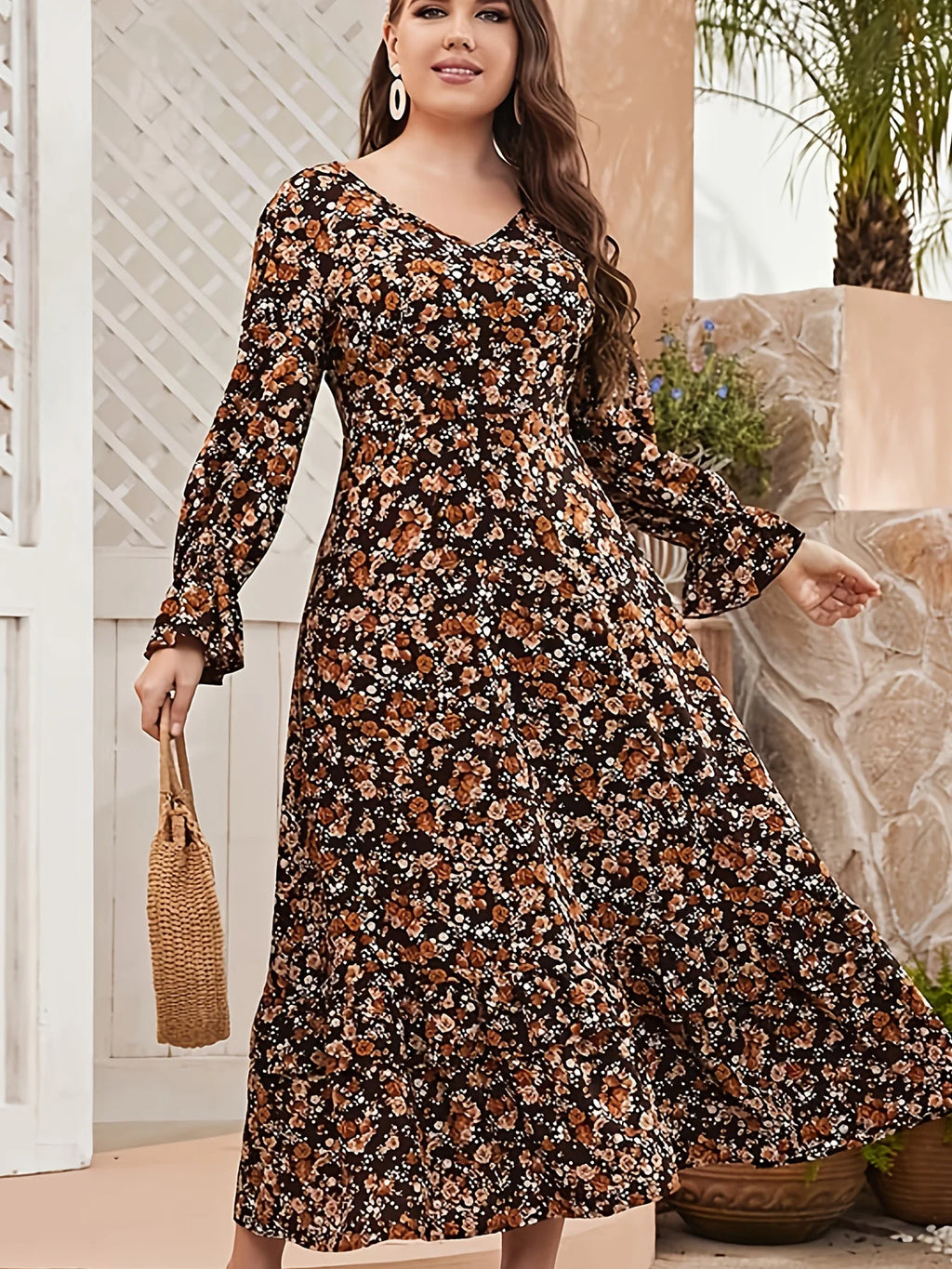 Brown Floral Long Sleeve V-Neck Midi Dress