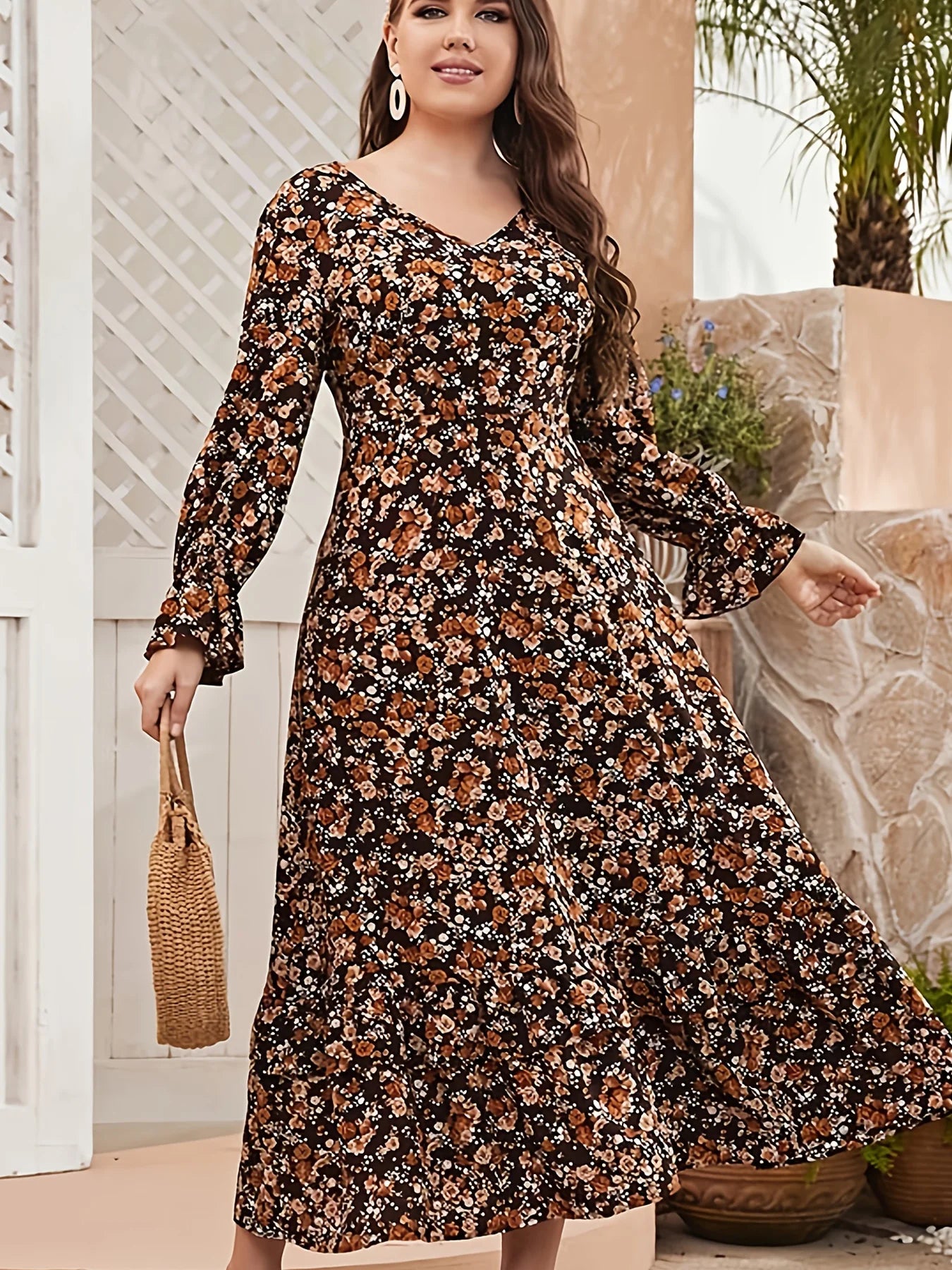 Brown Floral Long Sleeve V-Neck Midi Dress
