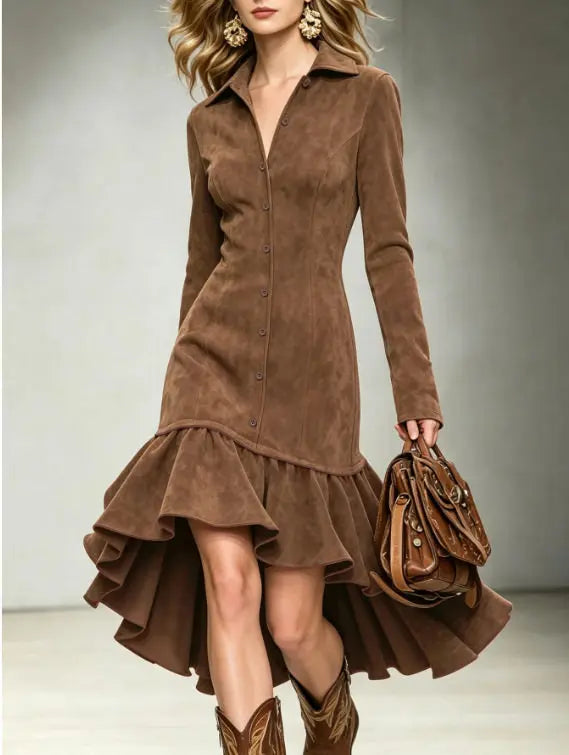 Faux Suede High-Low Shirt Dress – Ruffle Hem Button-Front Midi Dress