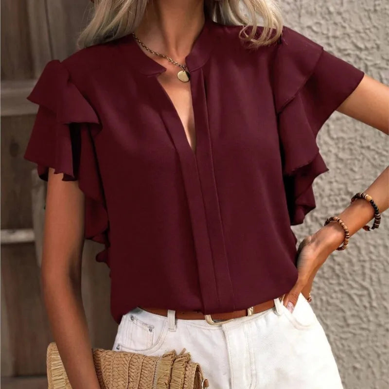 V-neck Ruffle Sleeve Solid Color Blouse