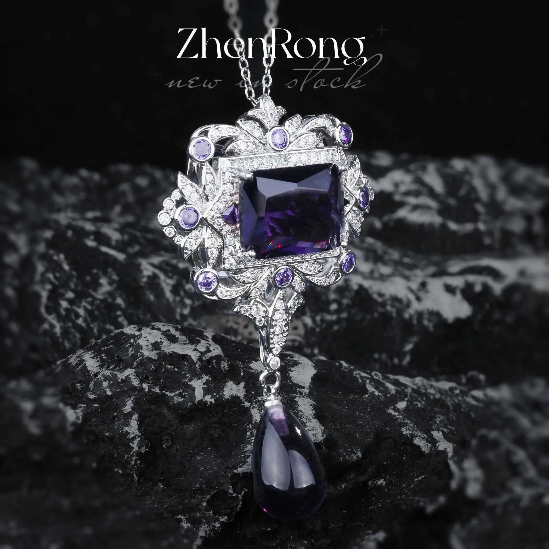 Elegant Vintage Rectangle Purple CZ Pendant Necklace Bazaare Mart Purple CZ Pendant Necklace
