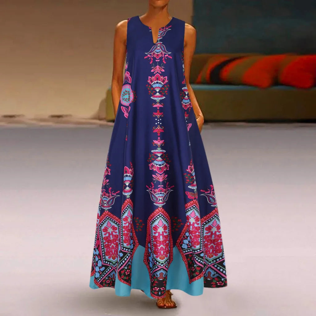 Women's Retro Boho Maxi Dress – Sleeveless V-Neck Summer Beach Dress with Pockets DEEP BLUE Bazaare Mart Maxi Sundress