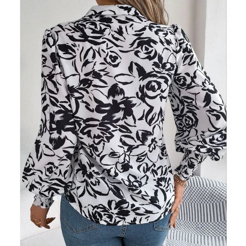 Floral Long Lantern Sleeve Flip Collar Blouse
