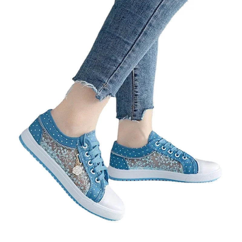 Unique Hollow Mesh Polka Dot Denim Sneakers