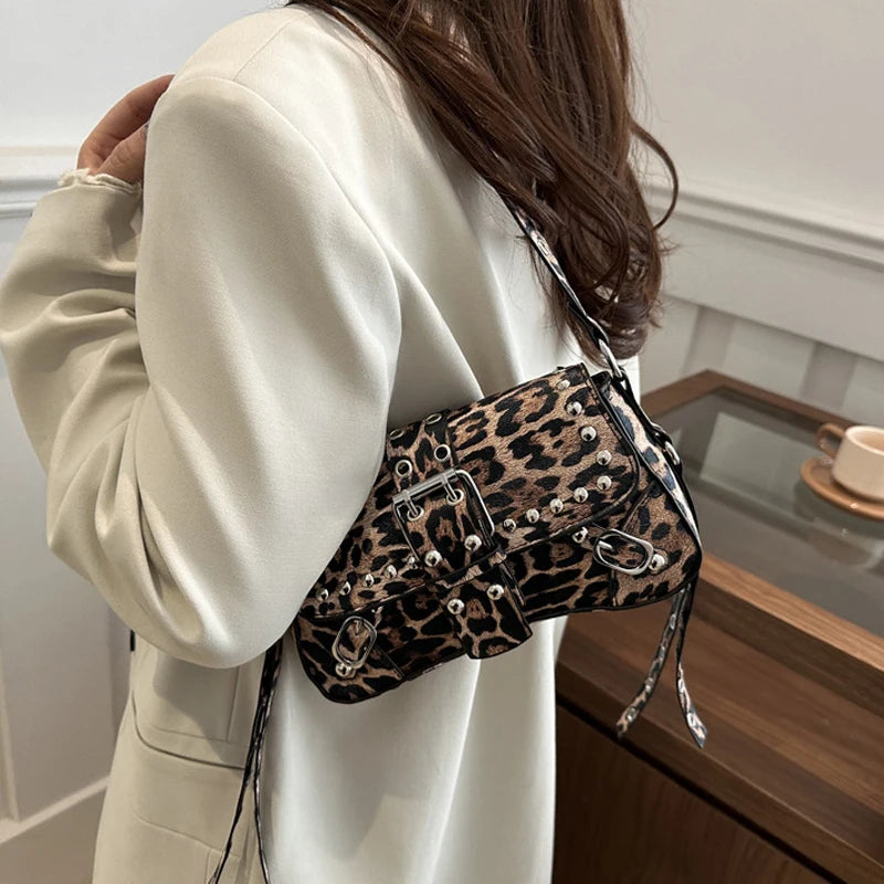 Studded Baguette Shoulder Bag – Faux Leather Punk Rock Shoulder Purse with Buckle & Rivet Details Bazaare Mart Shoulder Purse