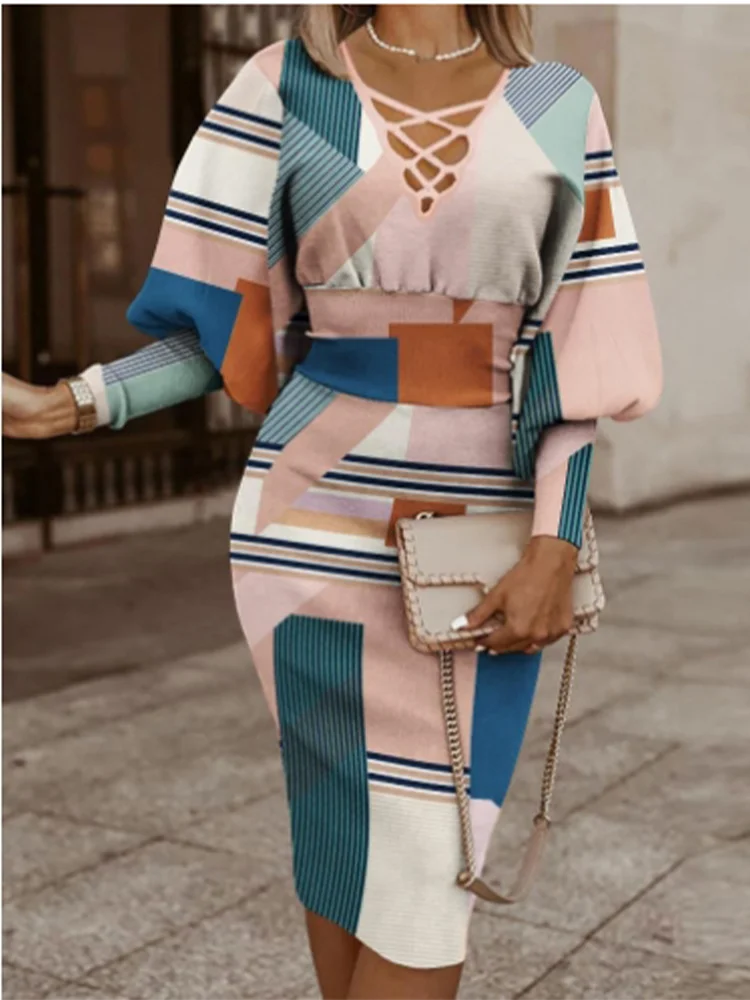 CM.YAYA Elegent Women Plaid Lace Up V-neck Lantern Long Sleeve Bodycon Midi Dress Sexy Party Club Party Dresses Vestidos