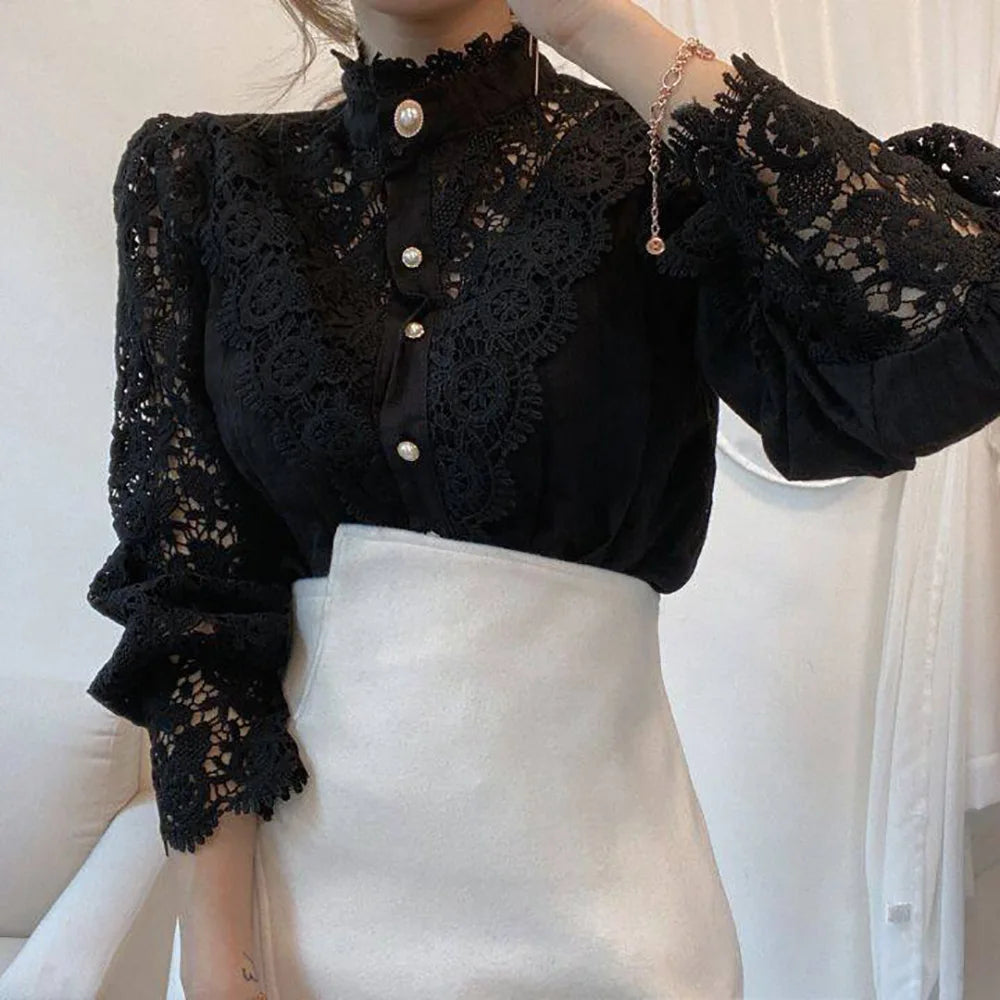 Vintage Lace Long Sleeve Pearl Button Blouse