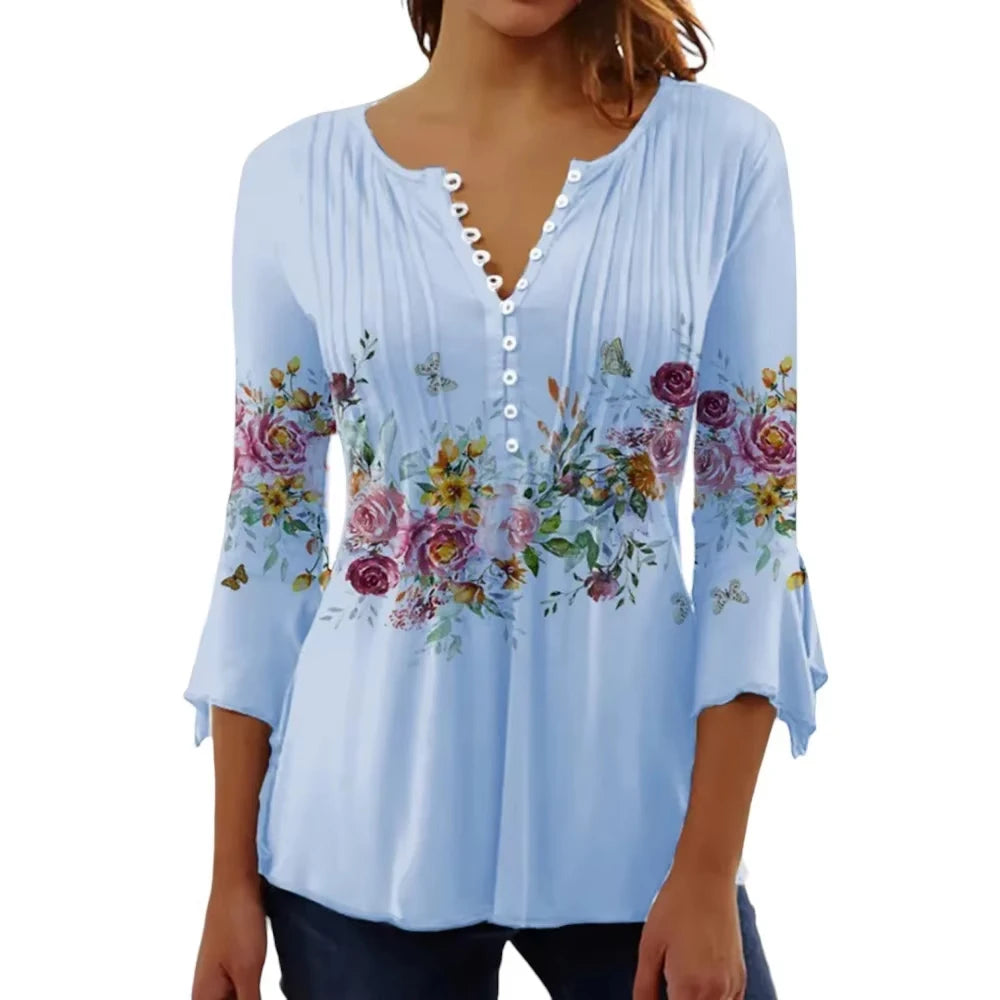 Print Shirts for Women Spring Summer Three Quarter Sleeve V-Neck Buttons Blouse Shirt Elegant Office Ladies Long Tops Bazaare Mart