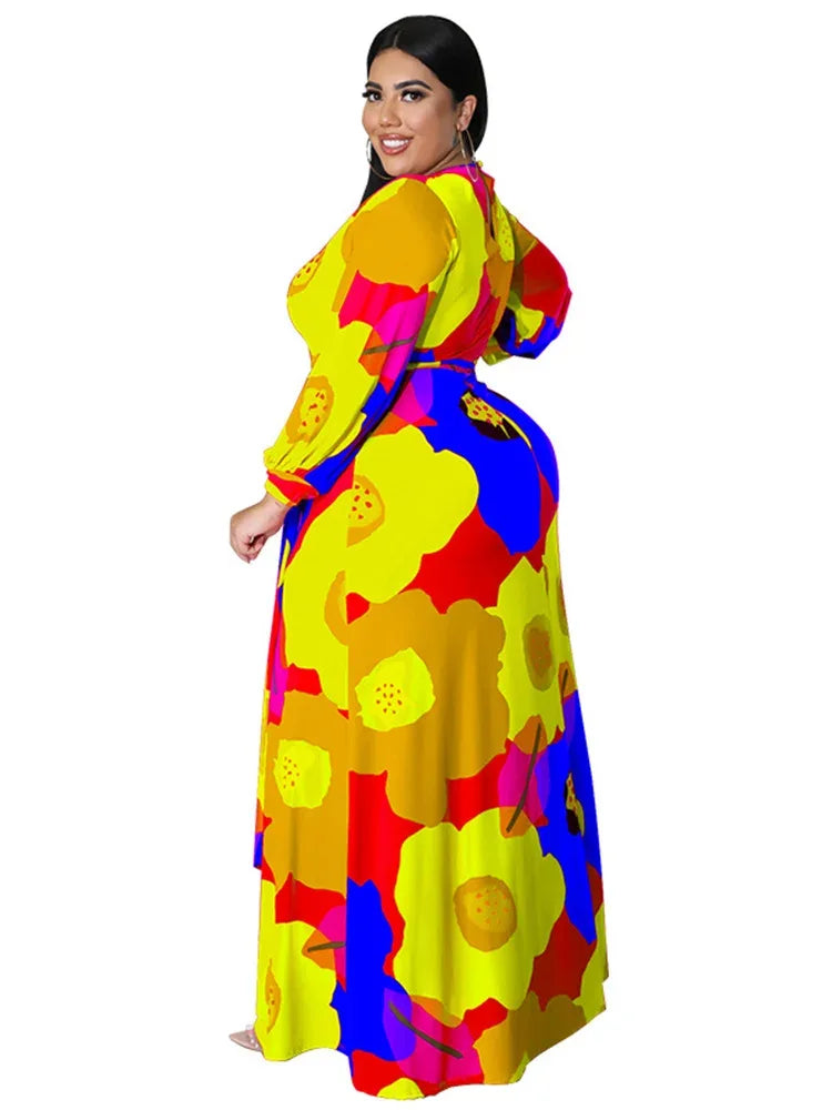 Colorful Long Sleeve Large Print Flower Maxi Dress Bazaare Mart Colorful Long Sleeve Large Print Flower Maxi Dress