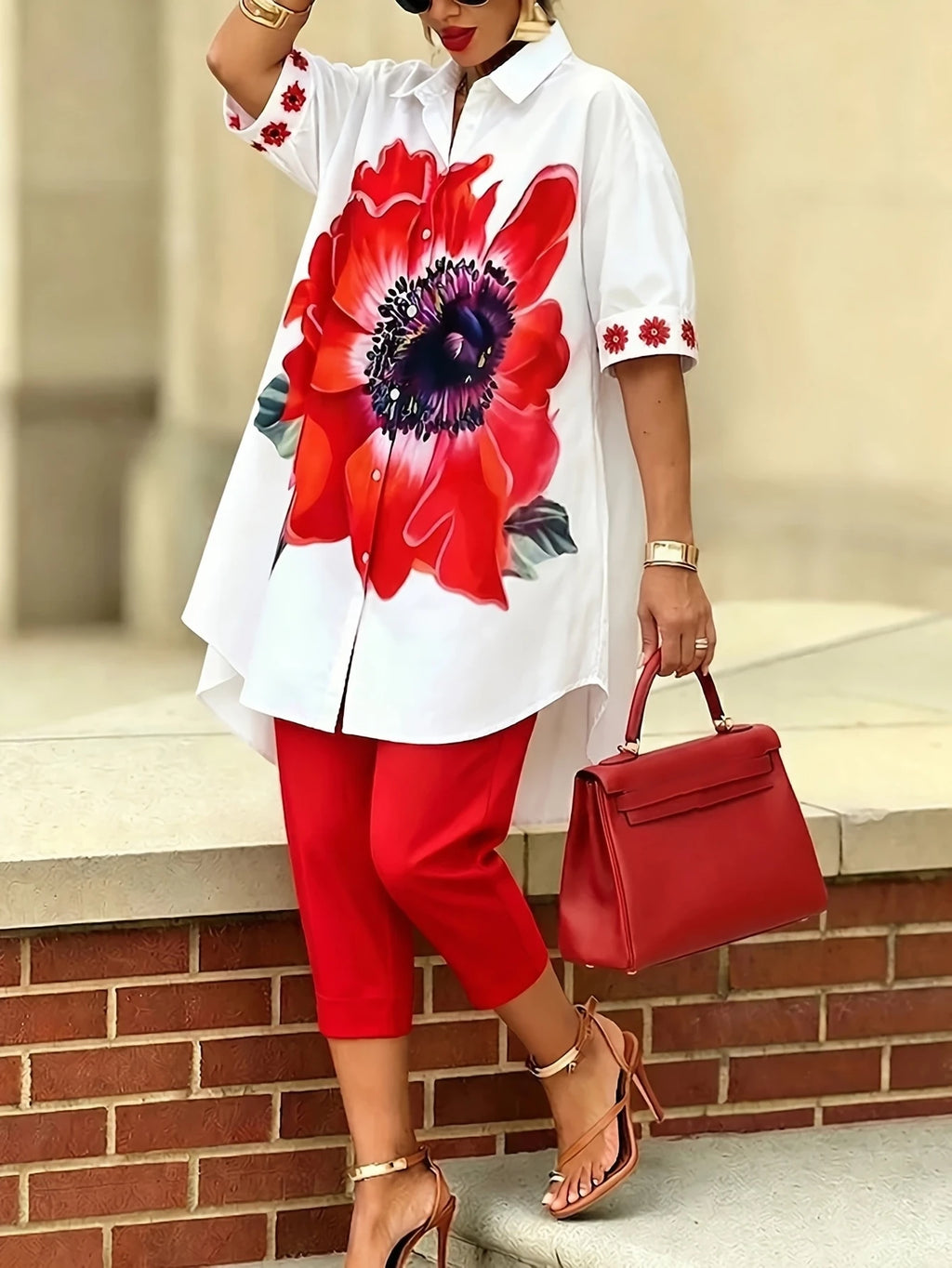 Women's Bold Floral Button-Up Shirt & Capri Pants 2-Piece Set – Elegant Summer Outfit Red Bazaare Mart Capris Outfit