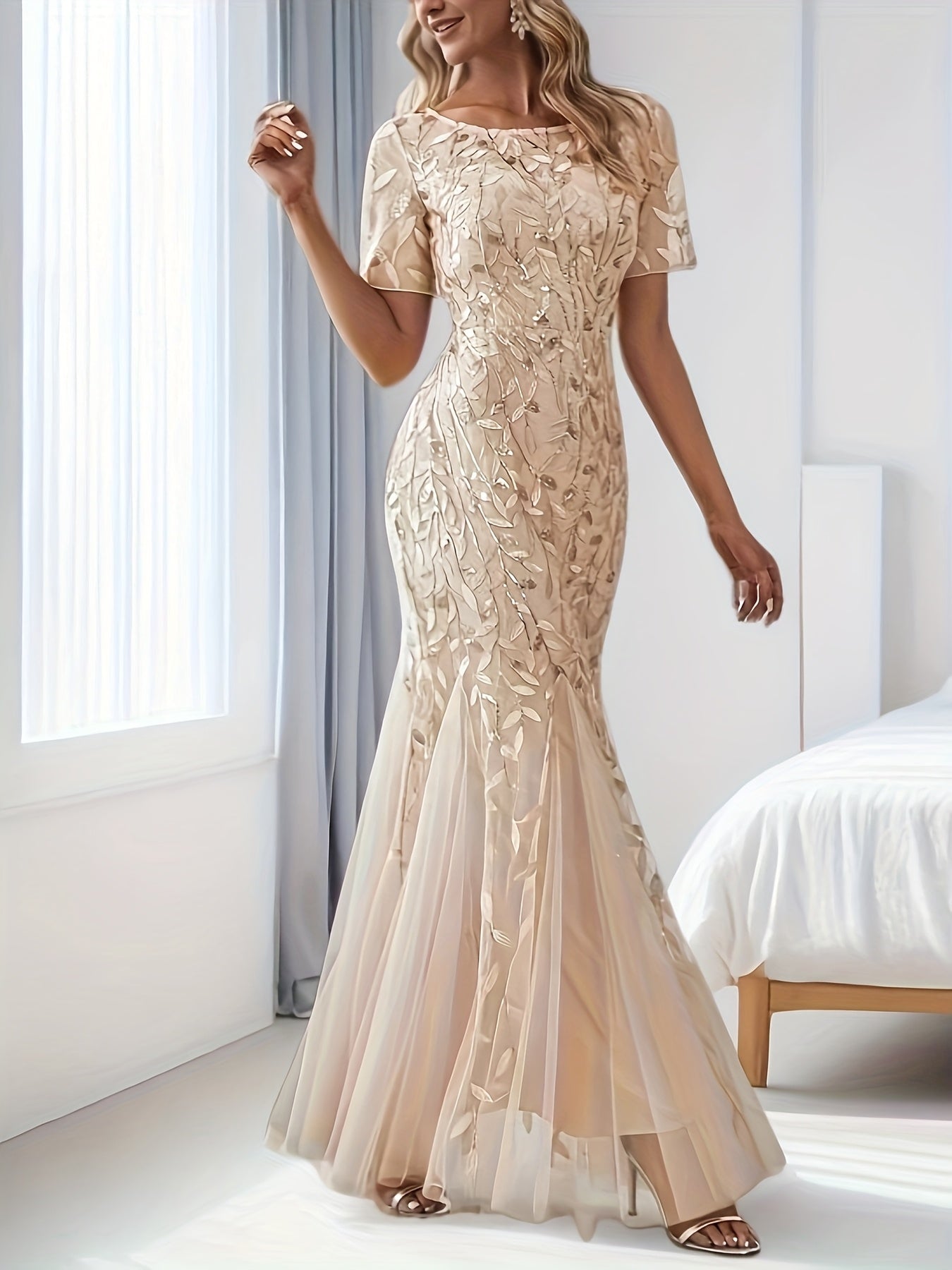 Sheer Floral Short Sleeve Evening Gown
