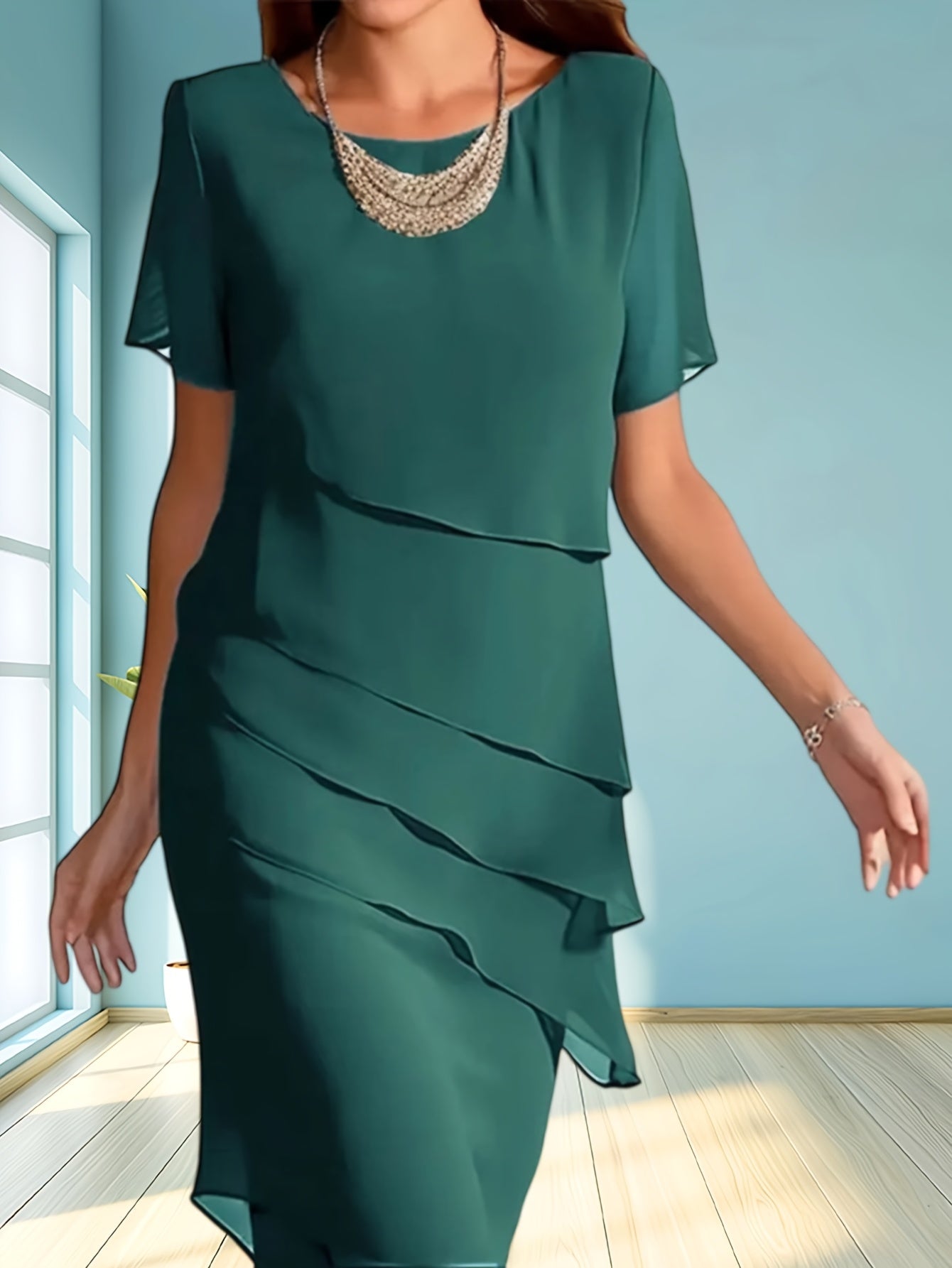 Short Sleeve Layered Slim Fit Chiffon Dress