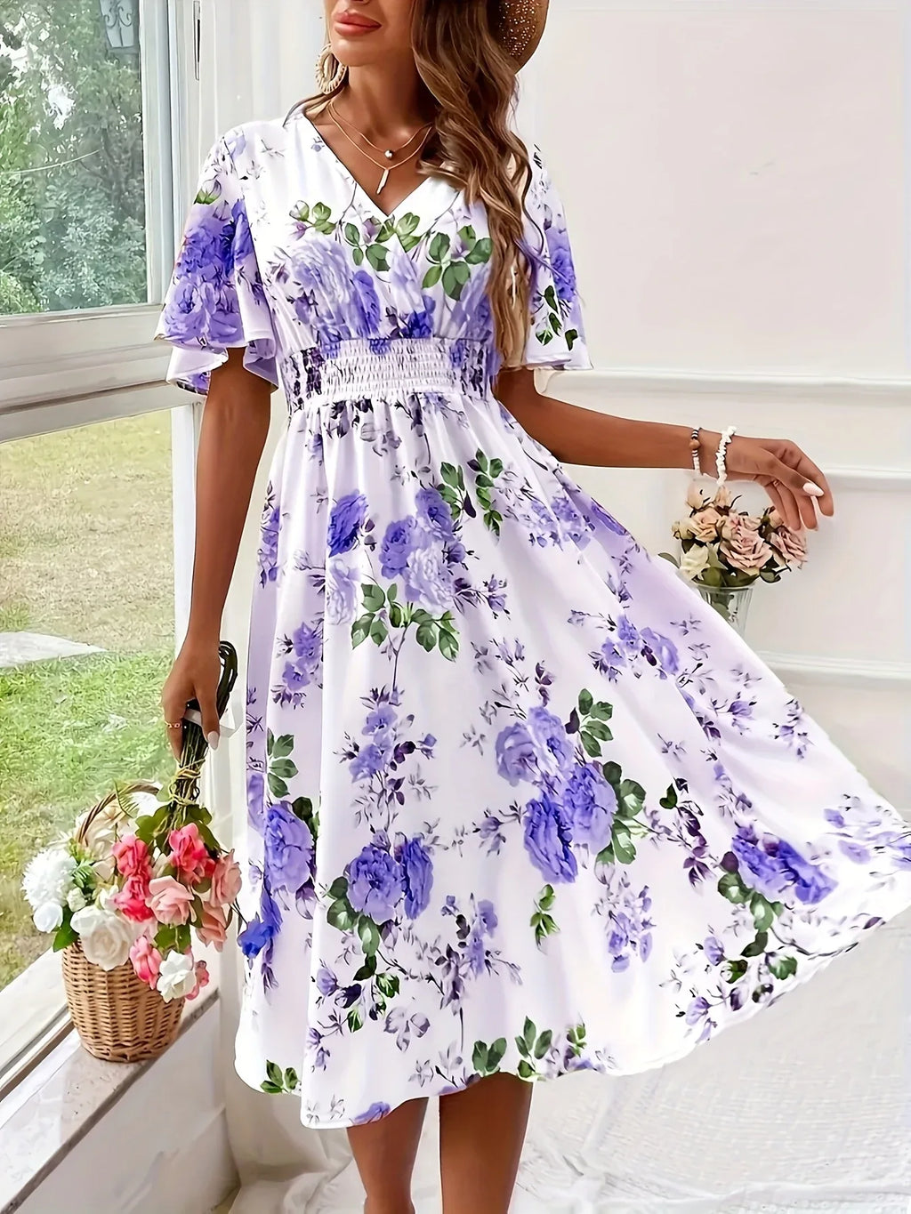 Short Sleeve V-Neck Floral Dresses Bazaare Mart Short Sleeve V-Neck Floral Dresses